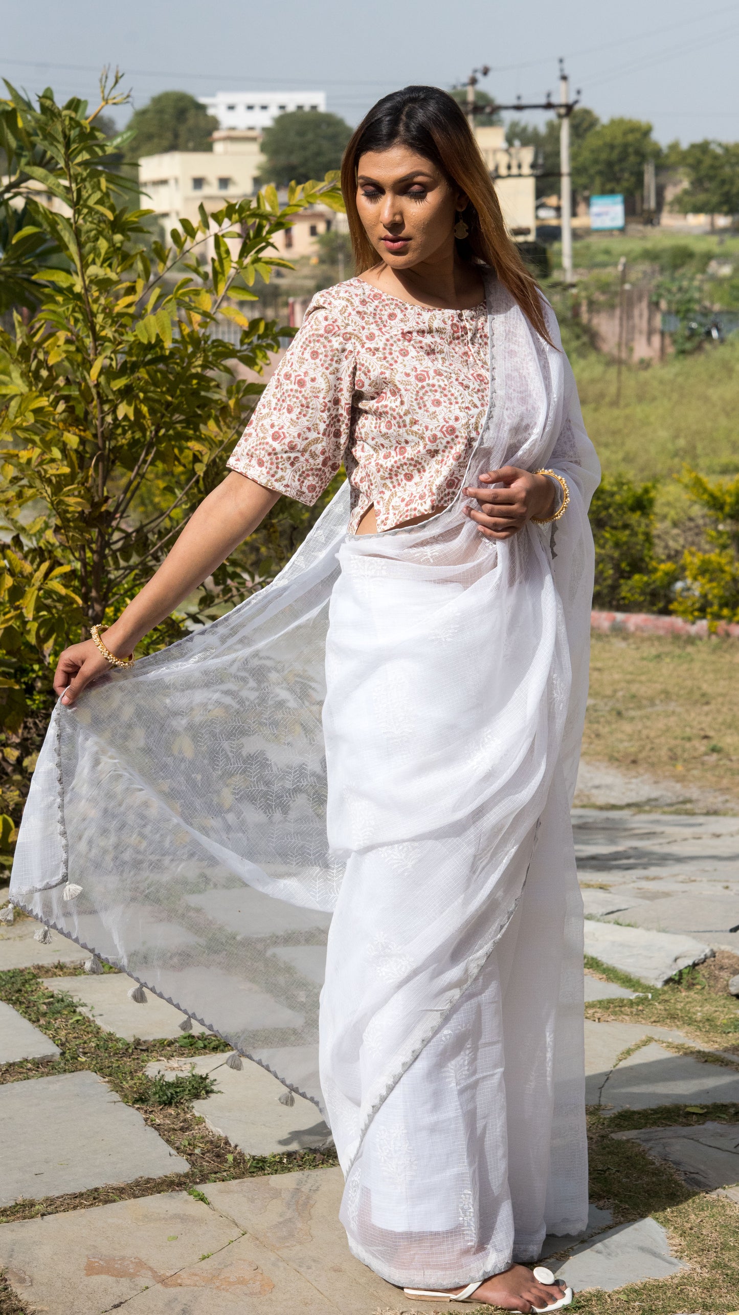 White Hand Block Printed Saree With Grey Applique Border