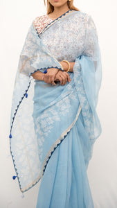 Pastel Blue Saree With Applique Border