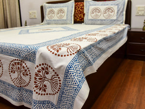 Blue-Brown Printed Cotton Bedsheet with Pillow Covers