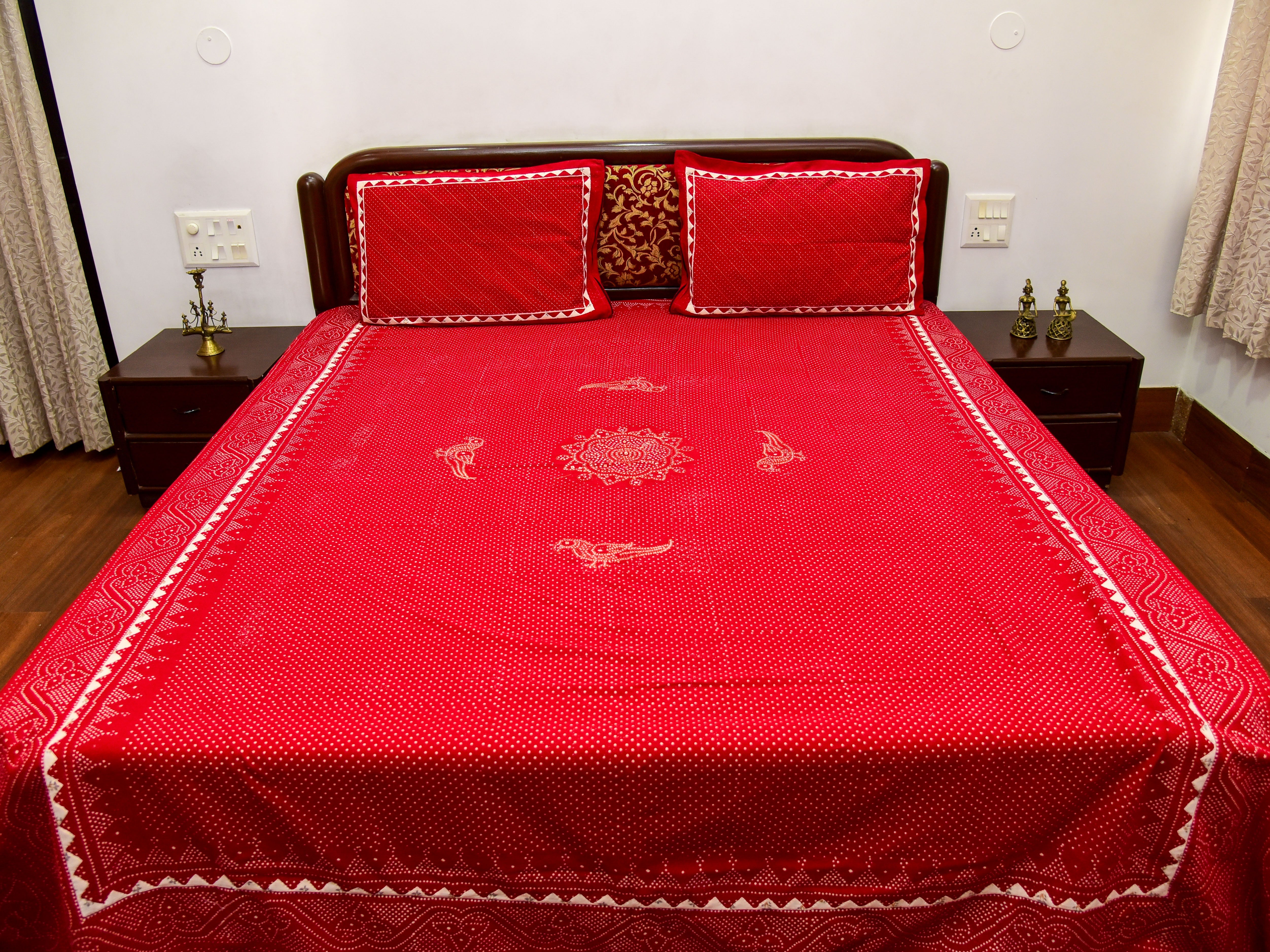 Red Hand Block Print Bedsheet with Pillow Covers