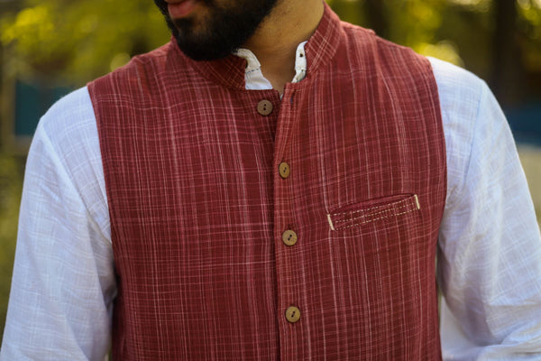 Silk Cotton Mixed Natural Khadi Colour Waistcoat - Tribes India