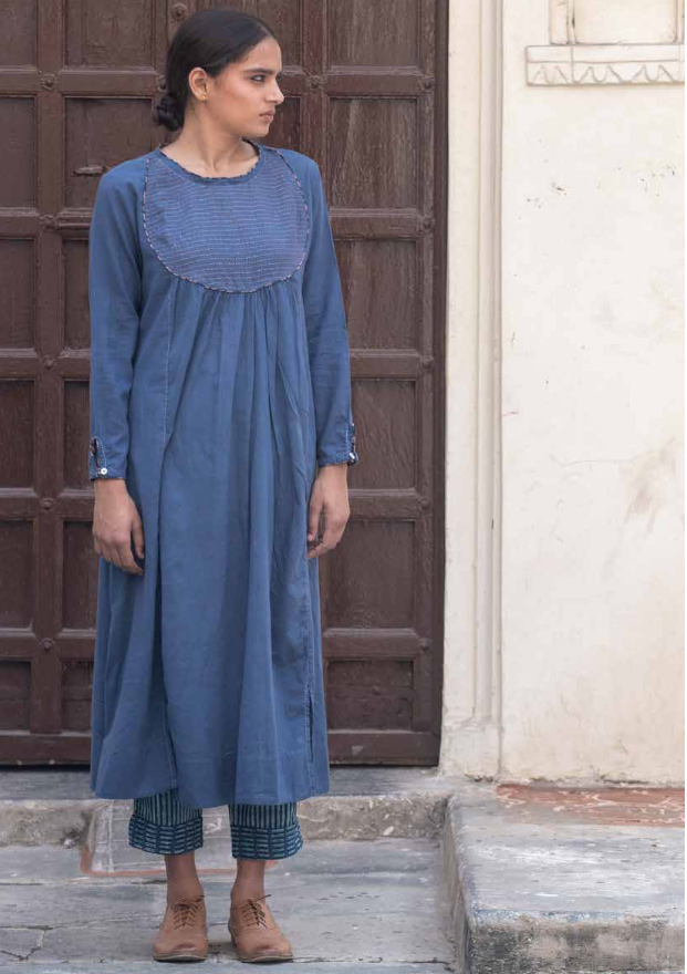 Buy Blue Printed One-Shoulder Flared Maxi Kurta online | Kurti designs,  Linen style fashion, Cotton kurti designs