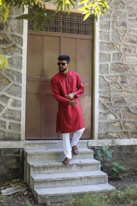 Red Silk Embroided Men Kurta