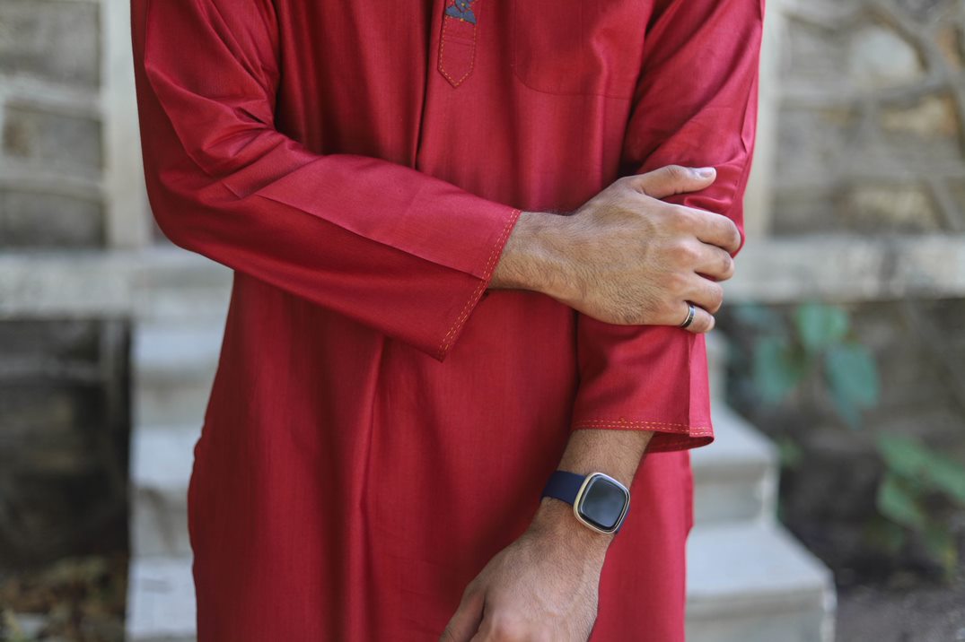 Red Silk Embroided Men Kurta