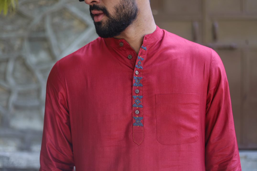 Red Silk Embroided Men Kurta