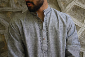 Grey Cotton Embroidered Men Kurta