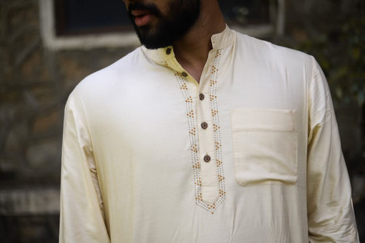 Cream Silk Embroidered Men Kurta