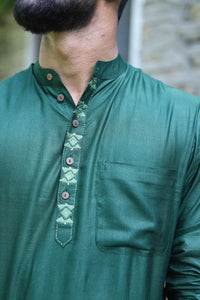 Green Silk Embroidered Men Kurta