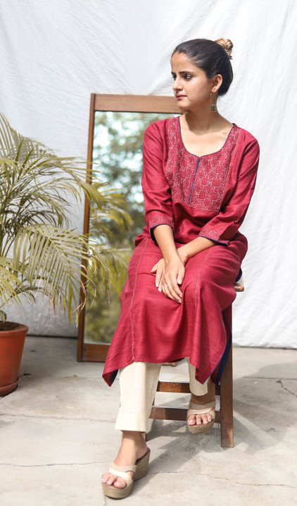 Matka Silk Maroon Hand Embroided Kurti