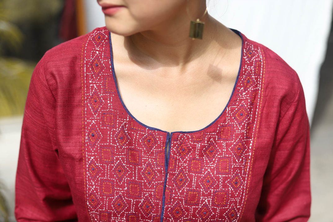 Casual Wear 3/4th Sleeve Ladies Maroon Embroidered Silk Kurti with Palazzo  at Rs 420 in New Delhi